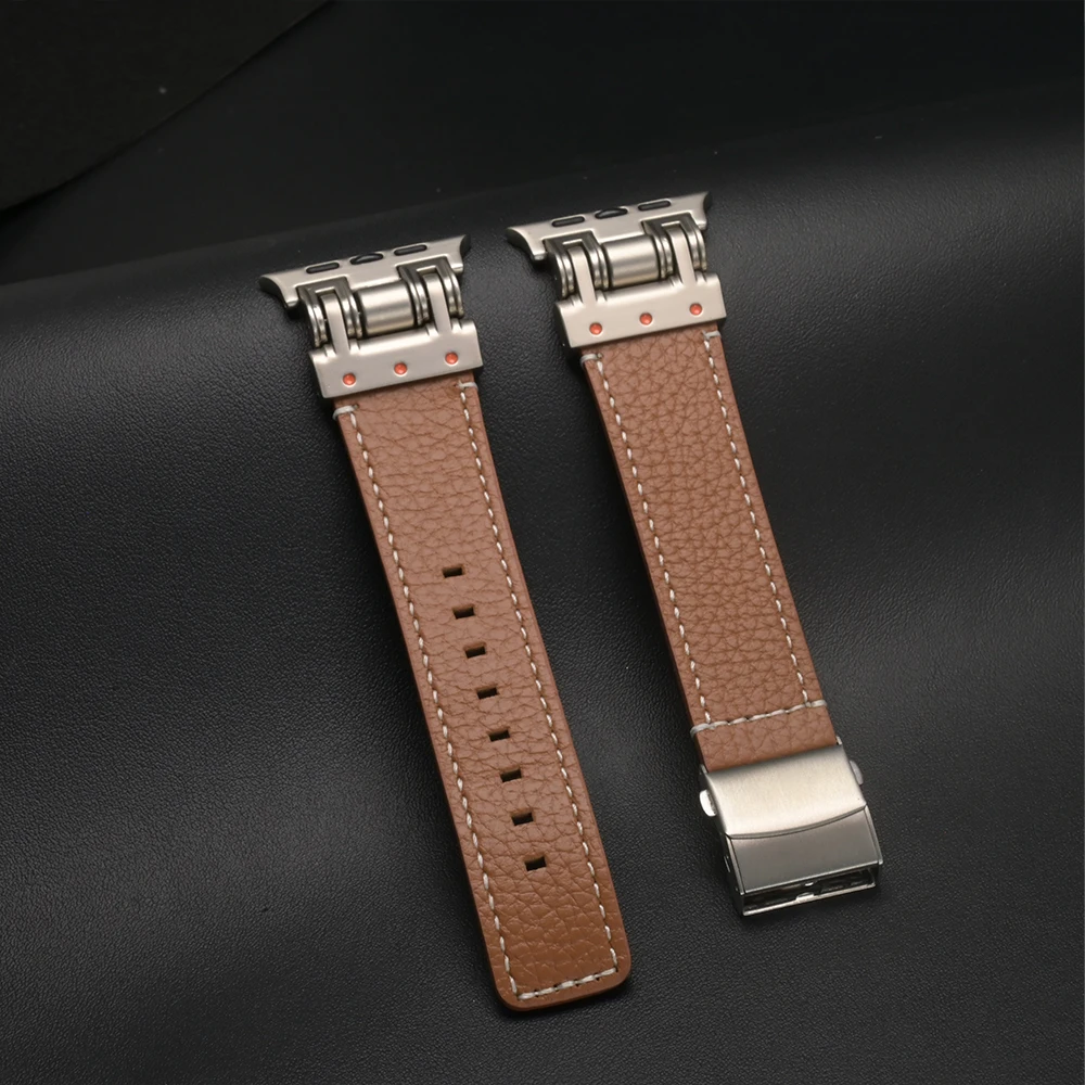

Кожаный ремешок для Apple Watch Ultra 3 2 1 49 мм Роскошный мужской браслет для iWatch Series 11 10 9 8 7 6 5 SE 46 мм 45 мм 44 мм Мягкий ремешок
