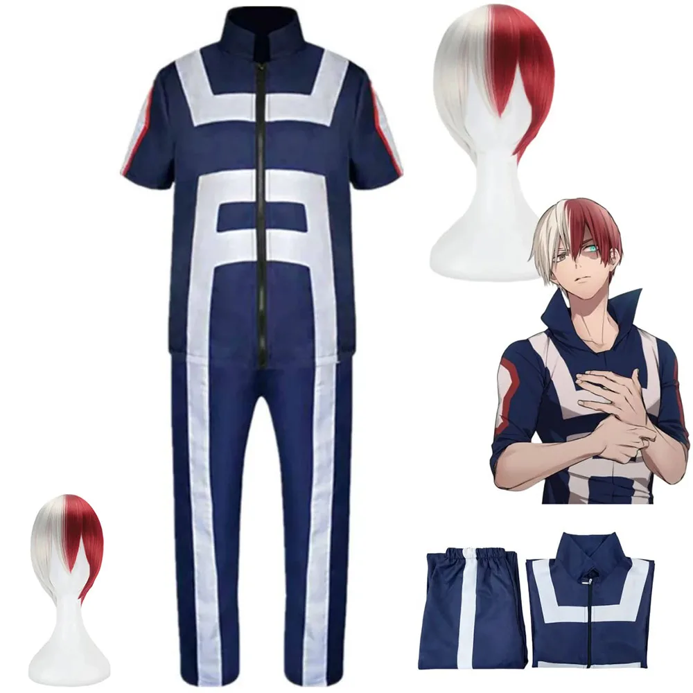 Disfraz de Anime My Hero Academia Todoroki Shoto, uniforme escolar de gimnasia, abrigo superior azul, peluca, traje de fiesta de Halloween para hombre y mujer