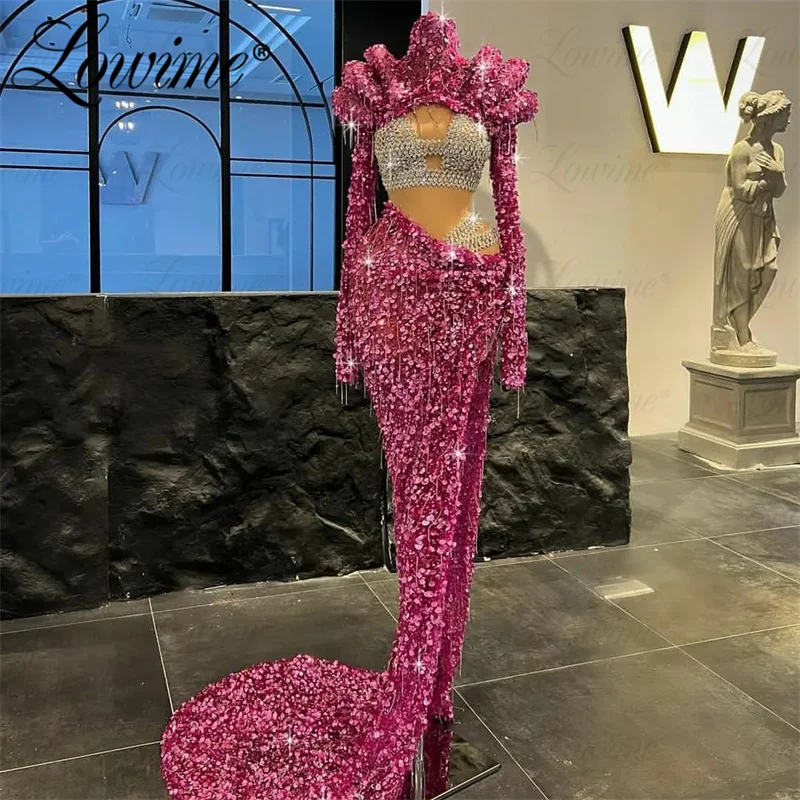 Pink Sequined Party Dress For Wedding Engagement Special Occasion Prom Dresses Long Sleeve Mermaid Evening Second Reception Gown