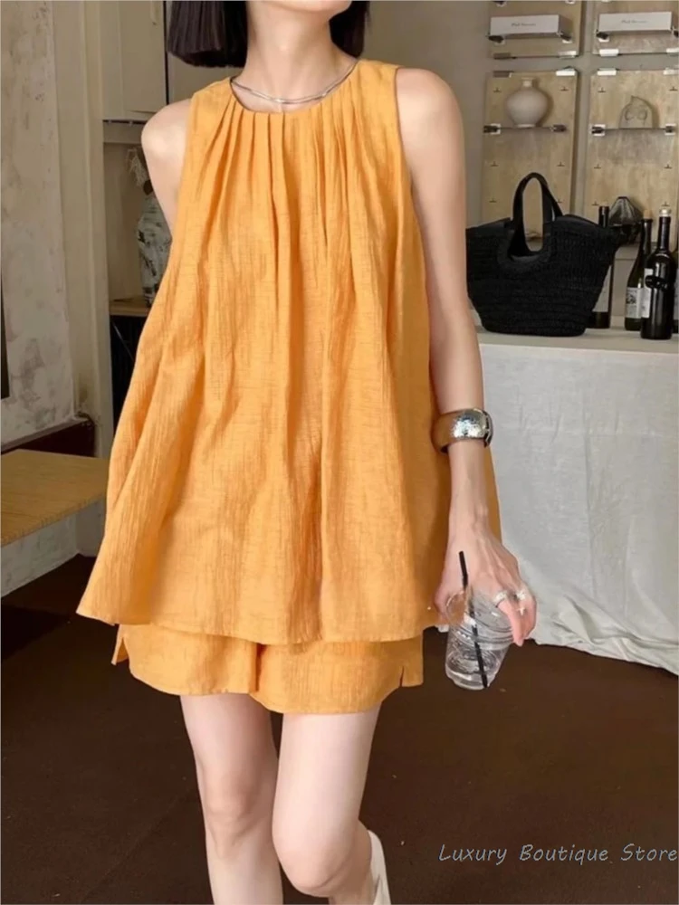 

Yellow Sleeveless Casual Tank And Loosew Shorts 2 Piece Set 2024 New A-line Summer Vest Elastic Wiast Trouser Woman Suit Holiday