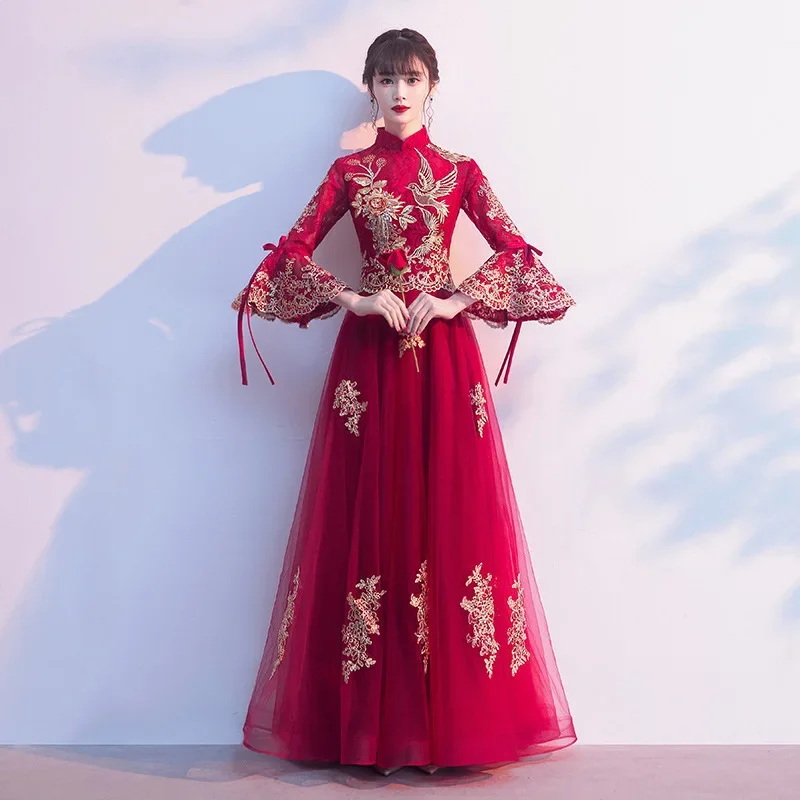 Customized Burgundy Chinese Traditional Evening Dress For Wedding Party Quarter Sleeves Bridal Toasting Dress 2025 YSWM146