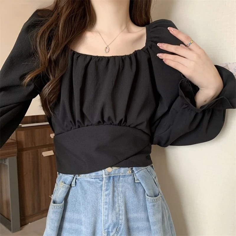 Blouses Women Vintage Casual 6-colors Sweet Female Spring Bandage Elegant Square Collar Streetwear Gentle Ins Daily Simple Chic