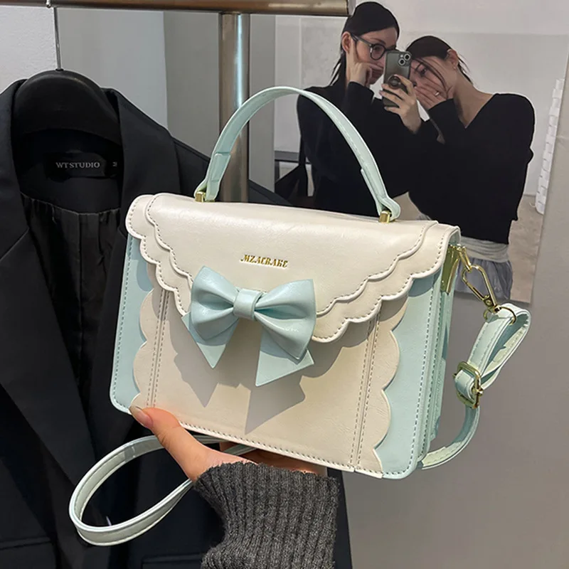 

Spring Autumn New Bow Women's Crossbody Bag PU Leather Cute Small Square Bag Korean Light Luxury Texture One Shoulder Bag