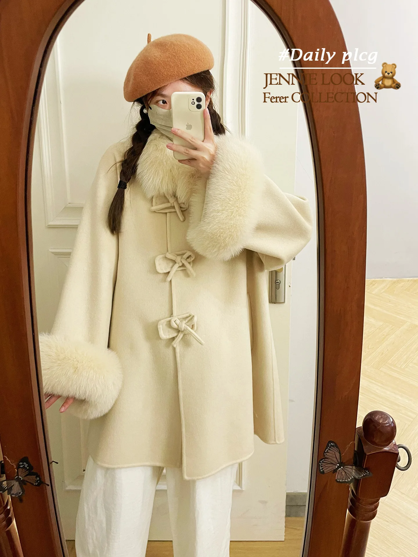 المرأة الخريف الشتاء الفاخرة 100% معطف الصوف سيدة أنيقة الثعلب الفراء طوق الأصفاد طويلة الأكمام فضفاضة الصوف أبلى #3