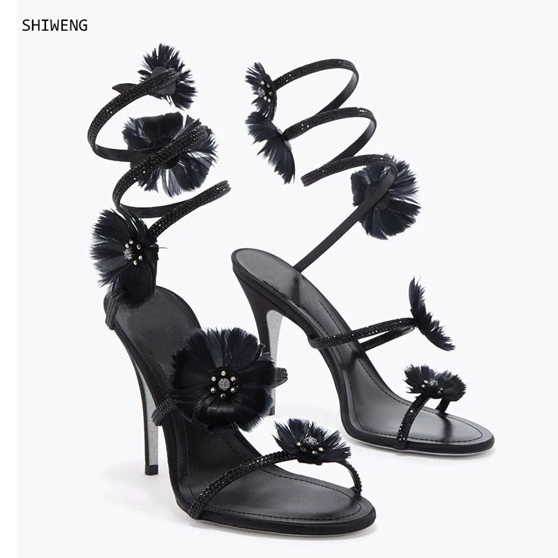 2026 Women Black Feather Flower Rhinestone Wrap Around Ankle Tie Open Toe Stiletto Heel Sandals, Spiral Strappy High Heels