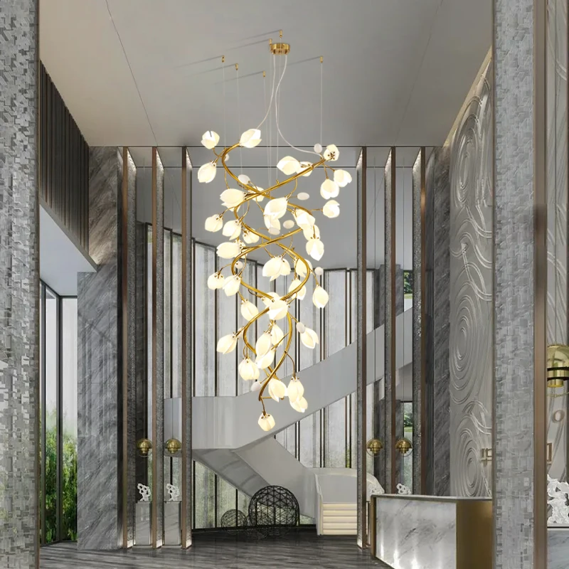Luxury Magnolia Flower Hanging Staircase Chandeliers For Loft Lobby Living Room Long Ceramics Hanging Chandelier High Ceiling