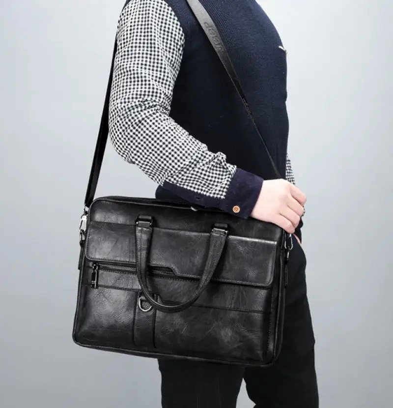 الرجال حقيبة حقيبة عالية الجودة ريترو بولي Leather الجلود الفاخرة حقائب كتف متنقلة رجال الأعمال مكتب حقيبة يد 14 بوصة حقيبة لابتوب