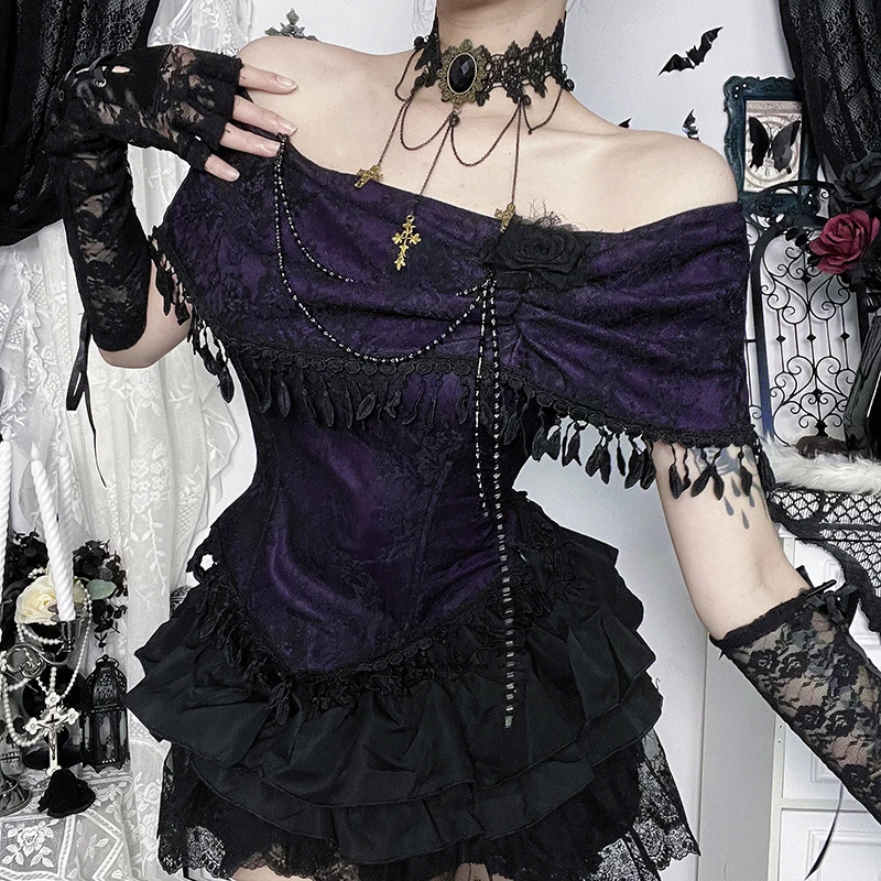 القوطية خارج الكتف الساخن فتاة المرأة الأعلى 2025 الخريف الشتاء جديد أسود تنوعا الحلو كول مثير منتفخ نصف التنانير دعوى Adies #3