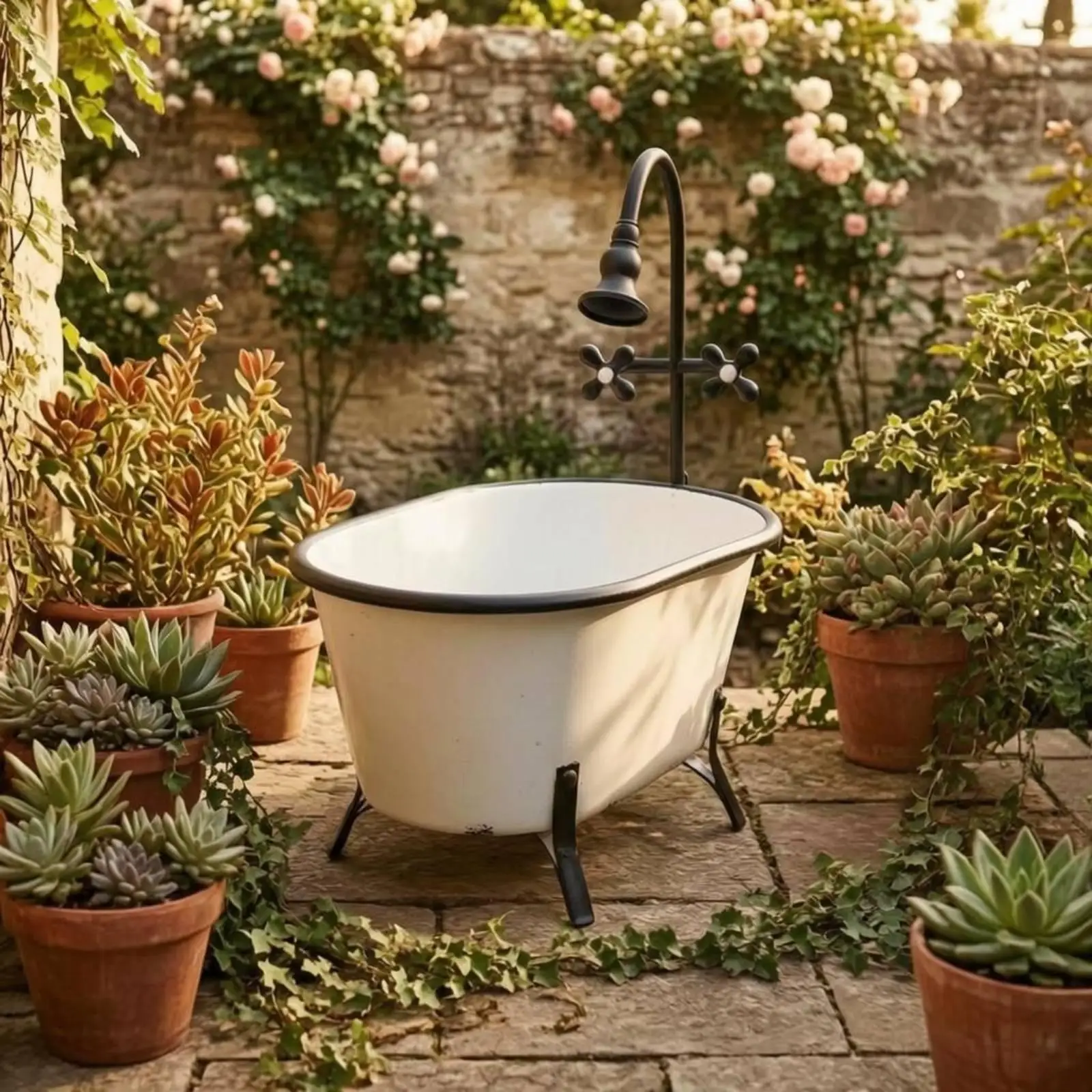 Garden Tub Decorative Planter Iron Vintage Flower Pot with Stand for Succulent Greenery Patio Balcony Display