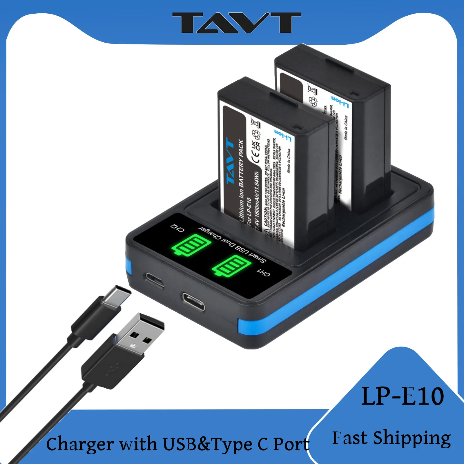 

LP-E10 LPE10 Battery+LED Charger with Type C Port For Canon EOS Rebel T3 T5 T6 X50 X70 1100D 1300D 1200D 2000D 3000D Camera