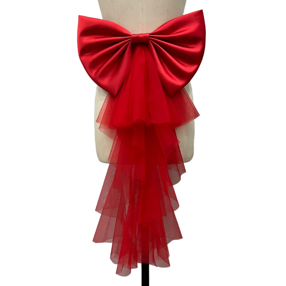Single Layer Big Bow Waist Decoration Satin Mesh Solid Color Elegant Bridal Belt Chic Fluffy Wedding Dress Accessories Woman