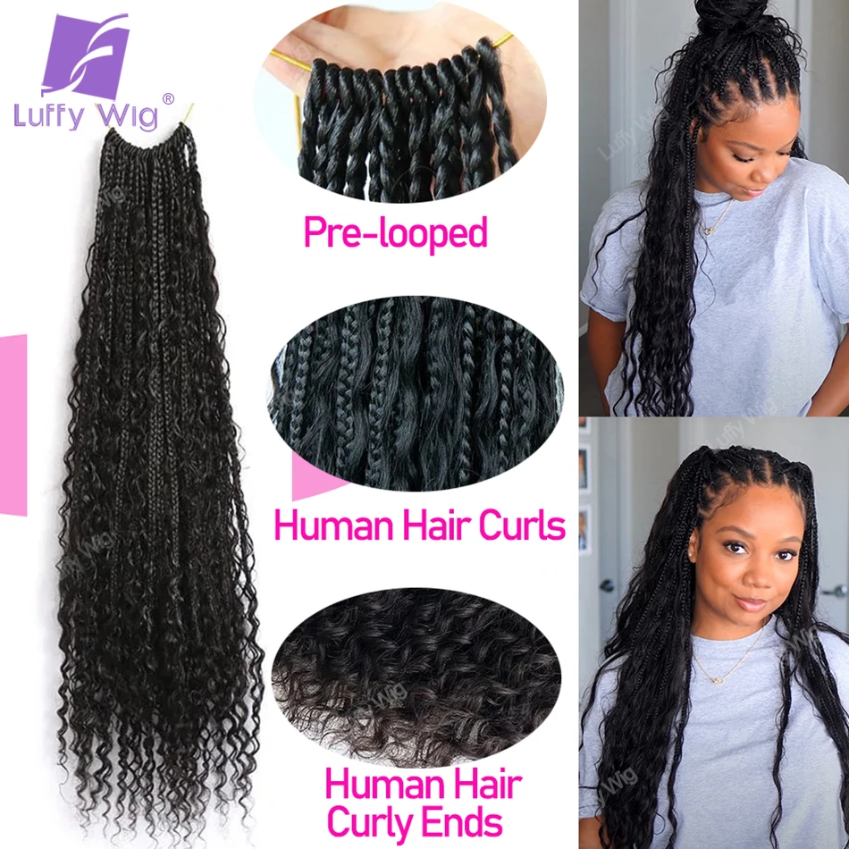 Crochet Boho Box Braids With Human Hair Curls Pre Looped Box Braids With Curly Human Hair Full Ends Hair Extensions Deep Wave