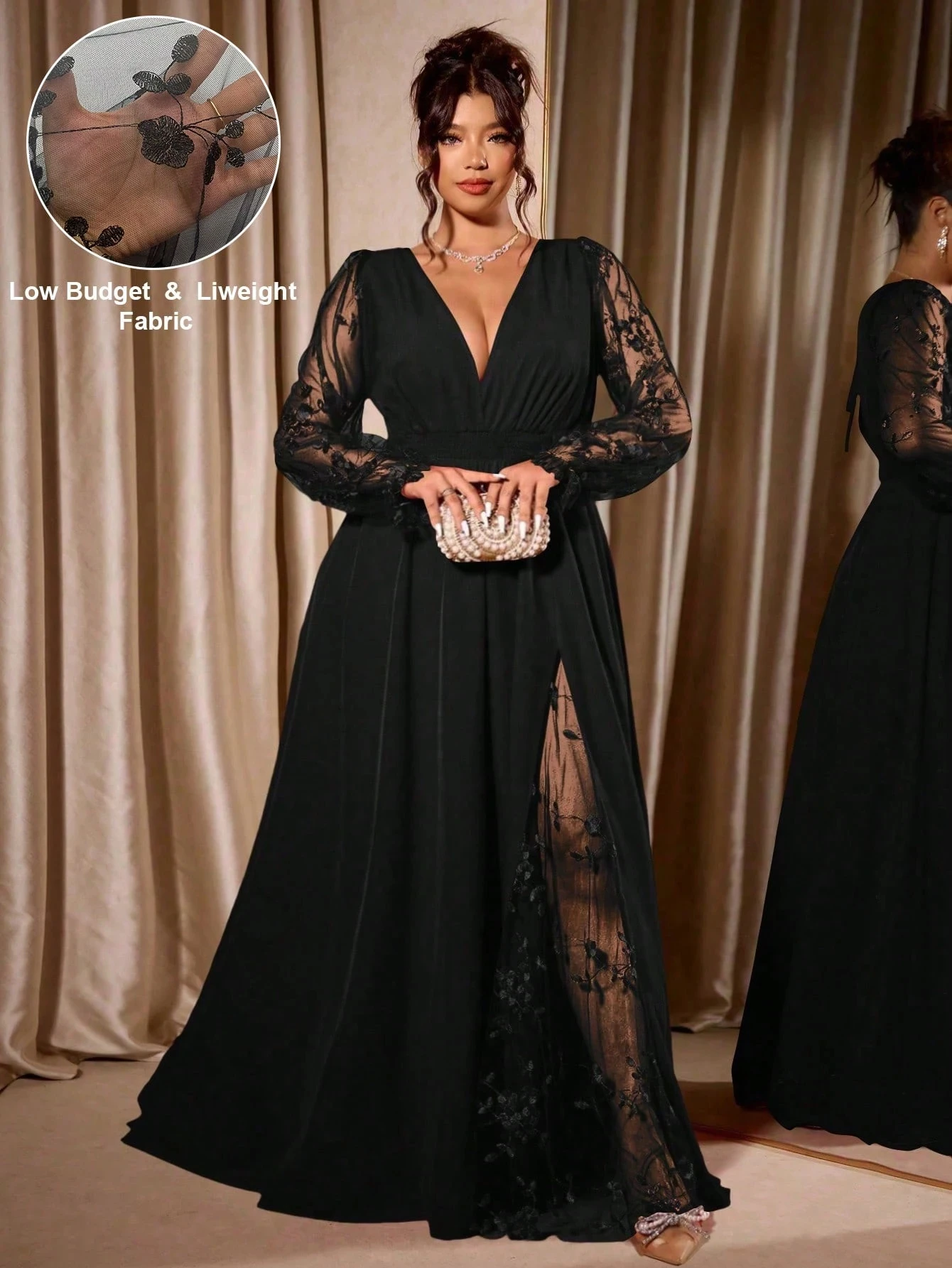 Plus Size Women Deep V Sheer Lace Sleeve Dress Evening Gown Autumn Wedding Guest Maxi Dresses High Slit Formal Party Long Dress