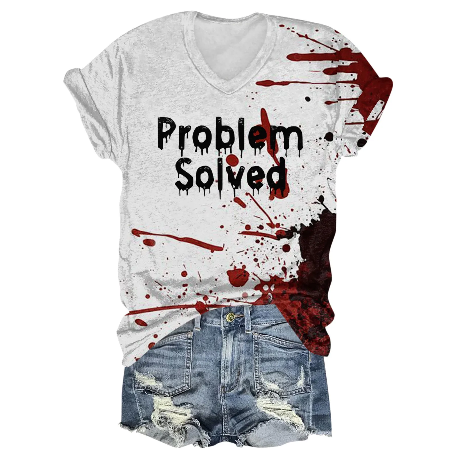 Haut décontracté à manches trois-quarts pour femme, impression de visage de fantôme de lettres d'Halloween, chemise confortable à col en V maigre, mode estivale