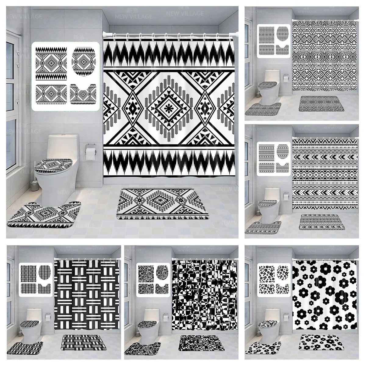 Home shower curtains bathroom Decora waterproof fabric non-slip bathmat water absorption curtain Modern geometric nordic simple