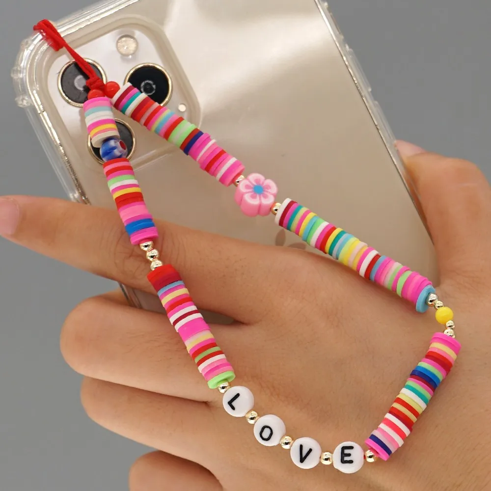 Boho Polymer Clay Letter Mobile Phone Lanyard Charm Resin Acrylic Beads Mobile Phone Chain Heart Shape Woemn Anti-lost Jewelry