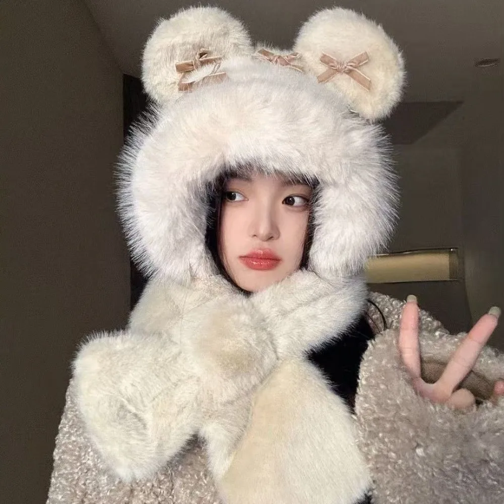 

Casual Fluffy Bow Ear Protection Hat Thickened Ear Protection Beanies Cap Cold Proof Windproof Women Hooded Hat Winter/Autumn