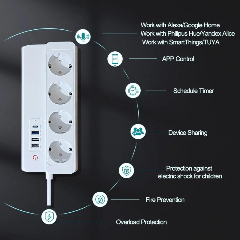 Smart Power Strip Zigbee 3.0 16A PD20W Fast ChargingSmart Multiple Socket Wall Mounted Timer Voice Control and Remote Control