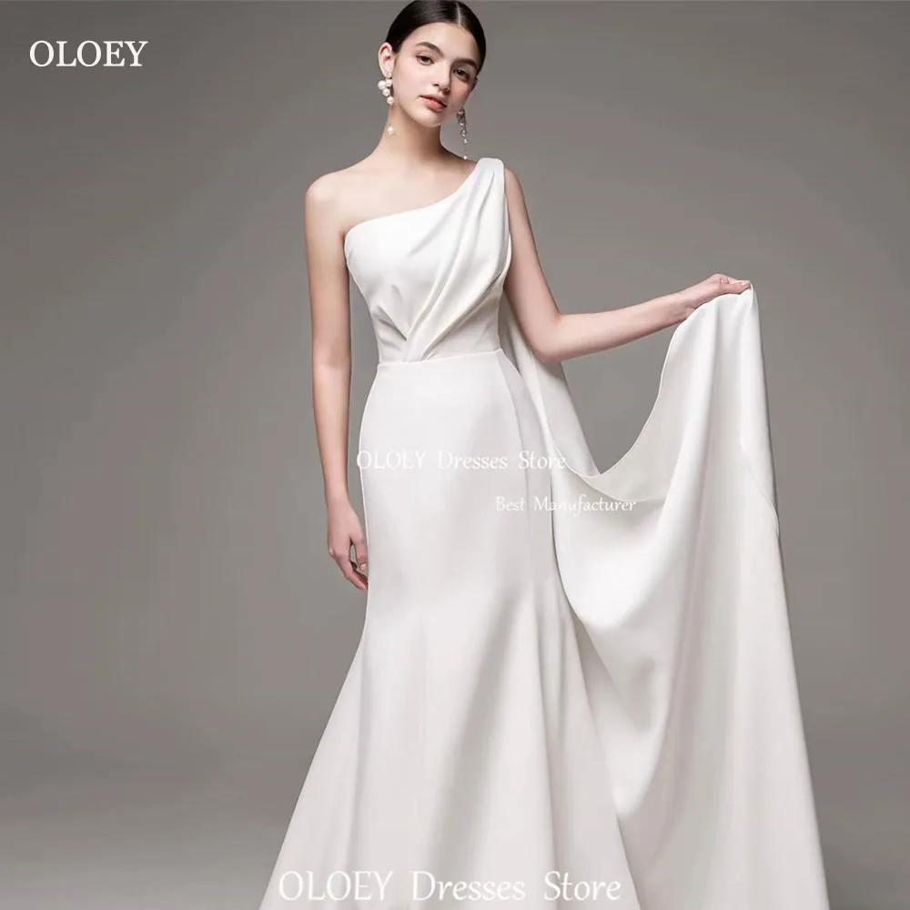 

OLOEY Simple A Line Satin Pleat Korea Wedding Dresses Photo Shoot One Shoulder Sleeveless Floor length Sweep Train Bridal Gowns