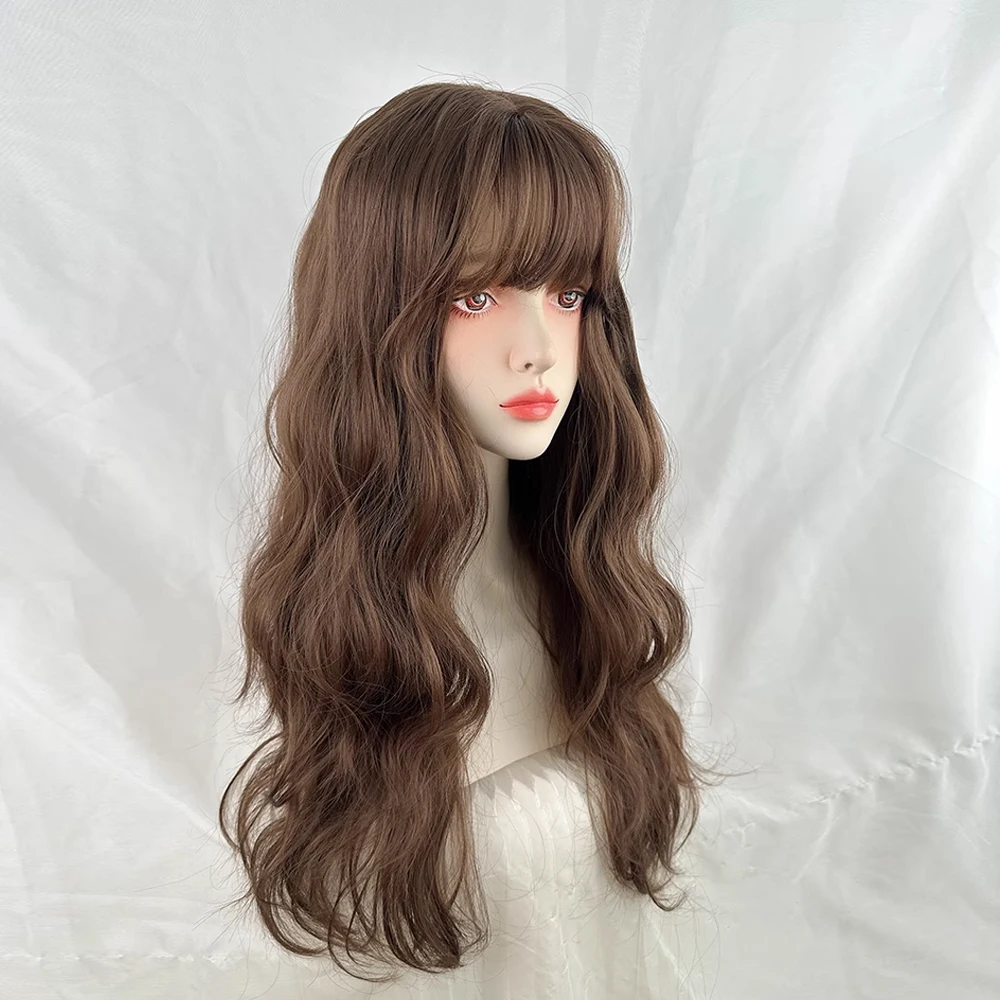 Коричневые синтетические длинные волнистые парики с челкой Лолита Косплей Пушистый женский термостойкий парик для повседневной вечеринки