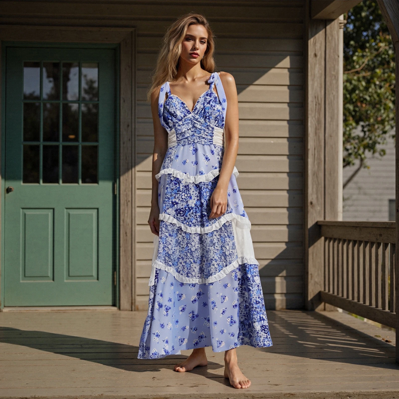 New Fashion Women Floral Cami Dress Deep V Neck Tie Shoulder Backless A-line Long Layered Ruffle Dress Hot Sale S M L