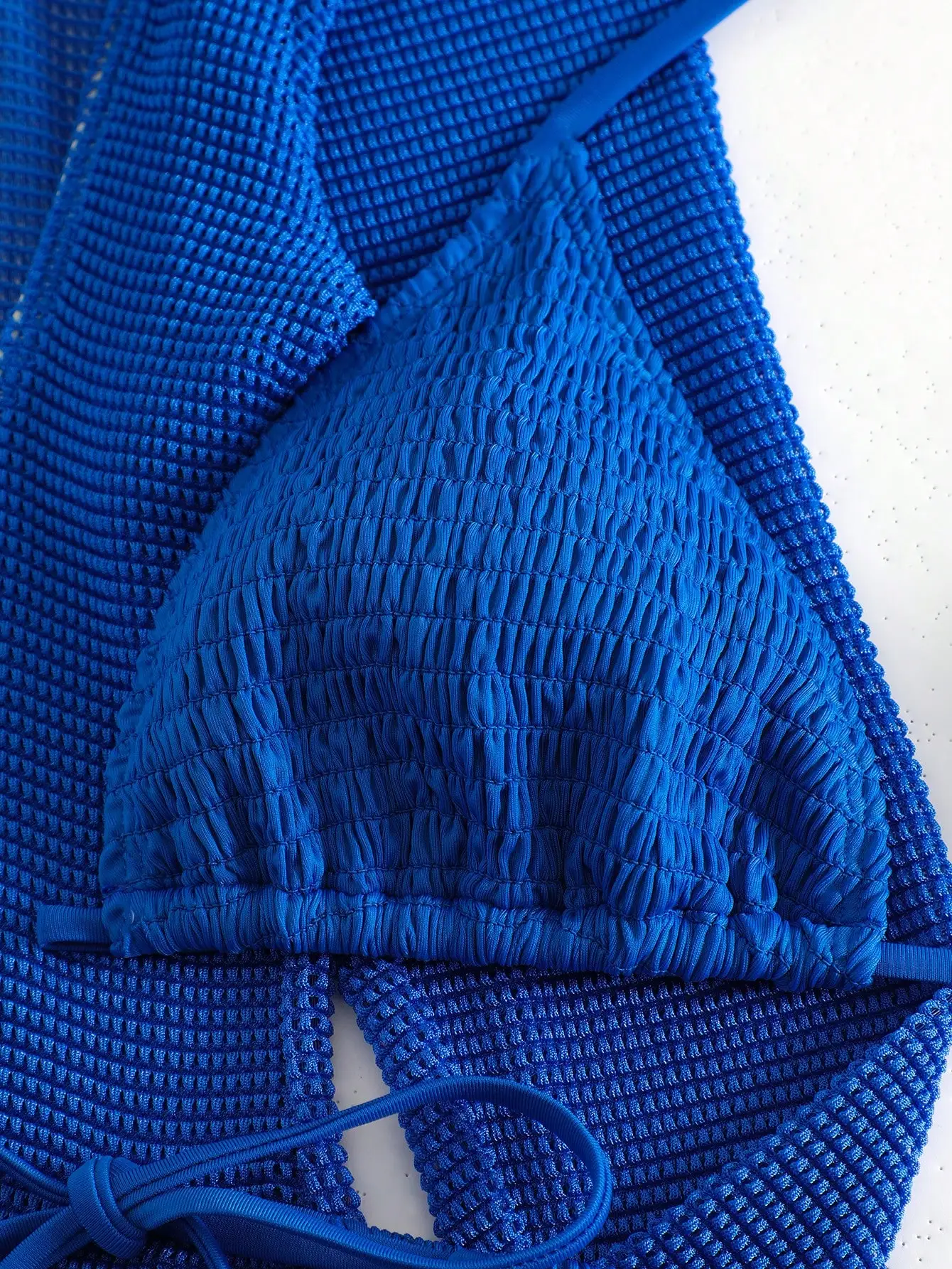 

Smocked Triangle Bikini Set With Cover Up Dress 3 Pieces Blue