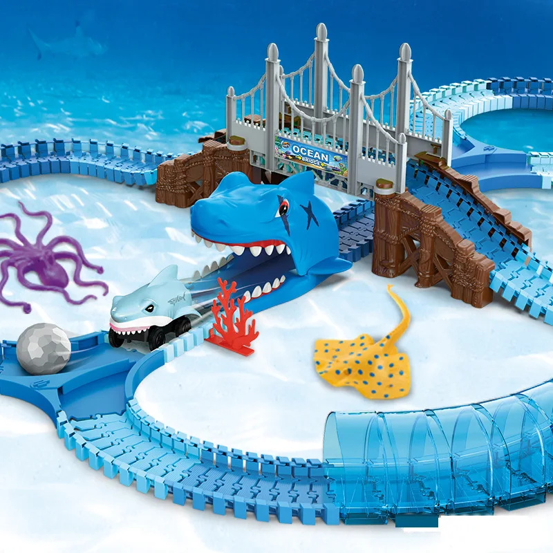 Jouet de voiture de piste de requin électrique populaire pour enfants, assemblage éducatif, montagnes russes, ensemble de course de monstres, jouet cadeau de noël