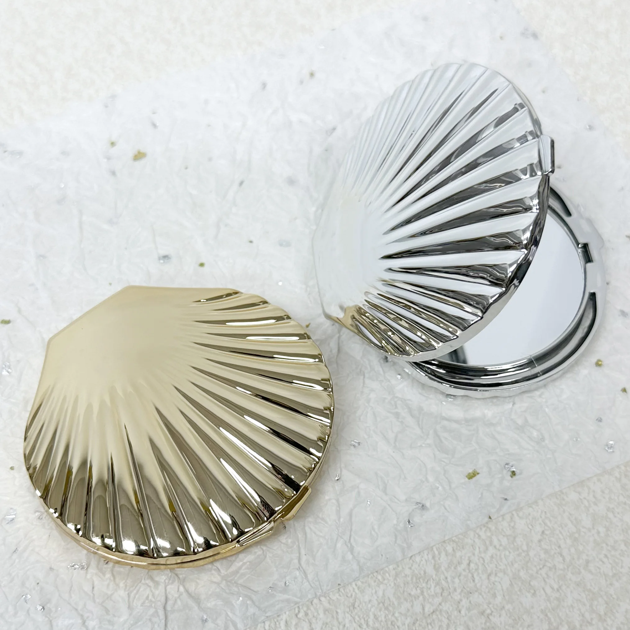 Shell Shaped Double Sided Makeup Mirror, Silver and Gold Shell Mirror, 1X/2X Folding Hand Mirror