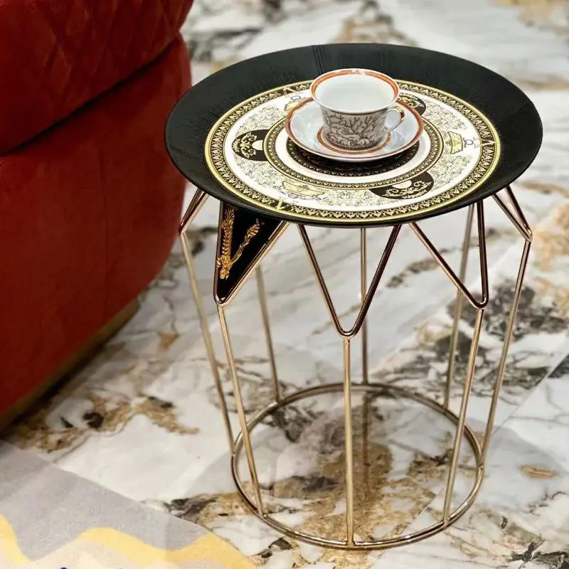 

Light luxury high-end stainless steel edge table designer round small coffee table villa mobile living room sofa corner table