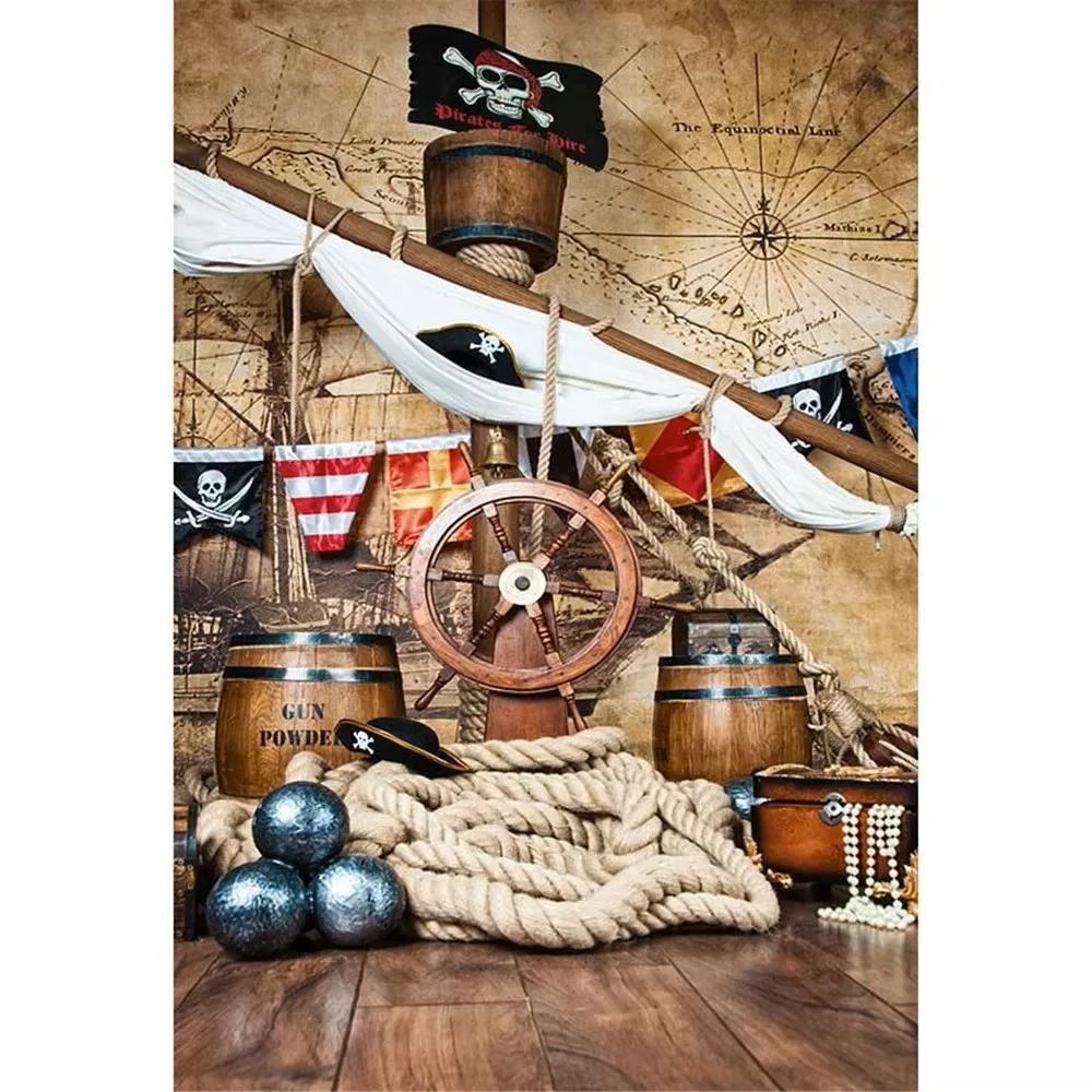 

Pirate Ship Background for Photo Studio Wooden Deck Steering Wheel Flag Old Map Wall Newborn Baby Kids Photography Backdrop