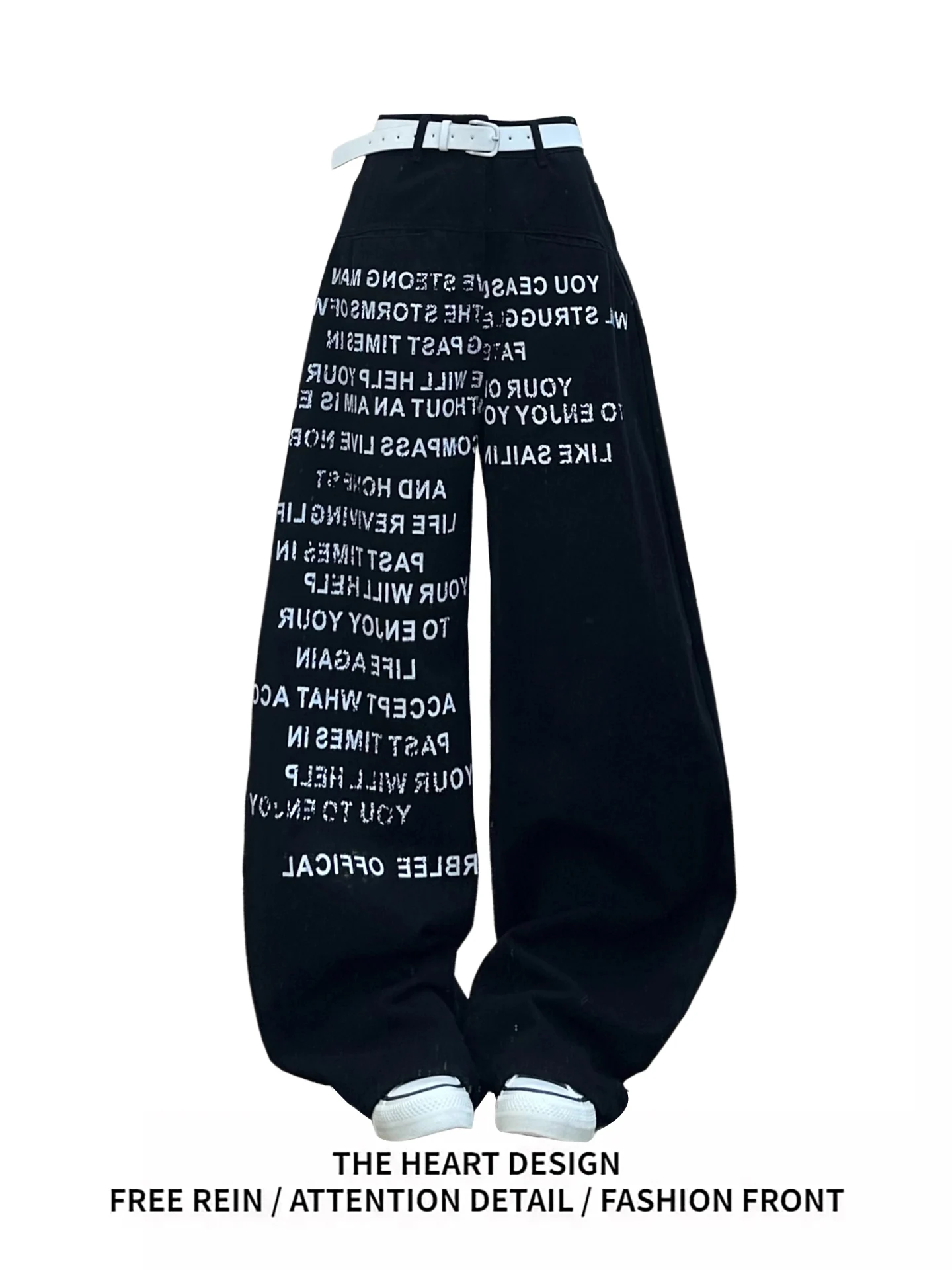 

American Design Letter Print Bla Denim Pants Women's Spring New Loose Straight Wide Leg Pants Knife Pants High Waist