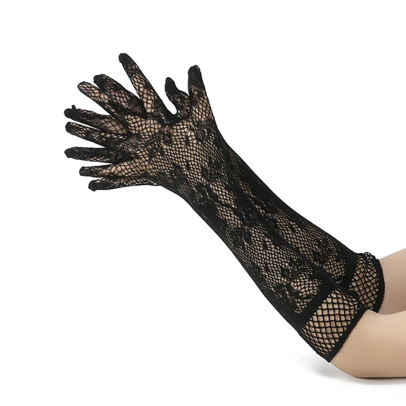 Elastic Mesh Floral Long Lace Fingerless Gloves Gothic Mittens for Halloween Cosplay Party Dress Up
