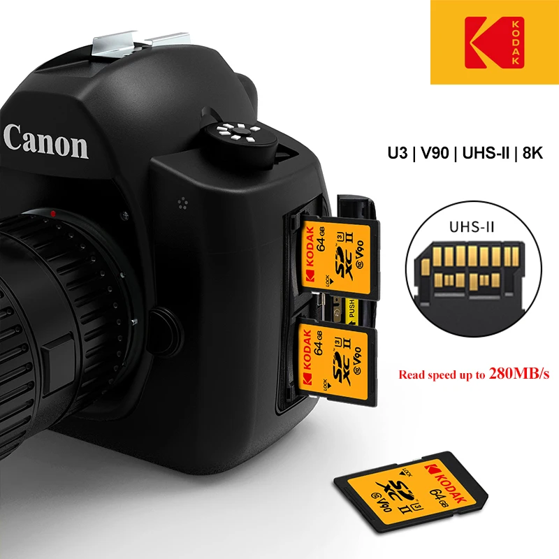 KODAK V90 SD Card 256G 280MB/s High Speed SDHC SDXC UHS-II C10 U3 V30 4K 8K Full HD Video Extreme Flash Memory Cards for Camera