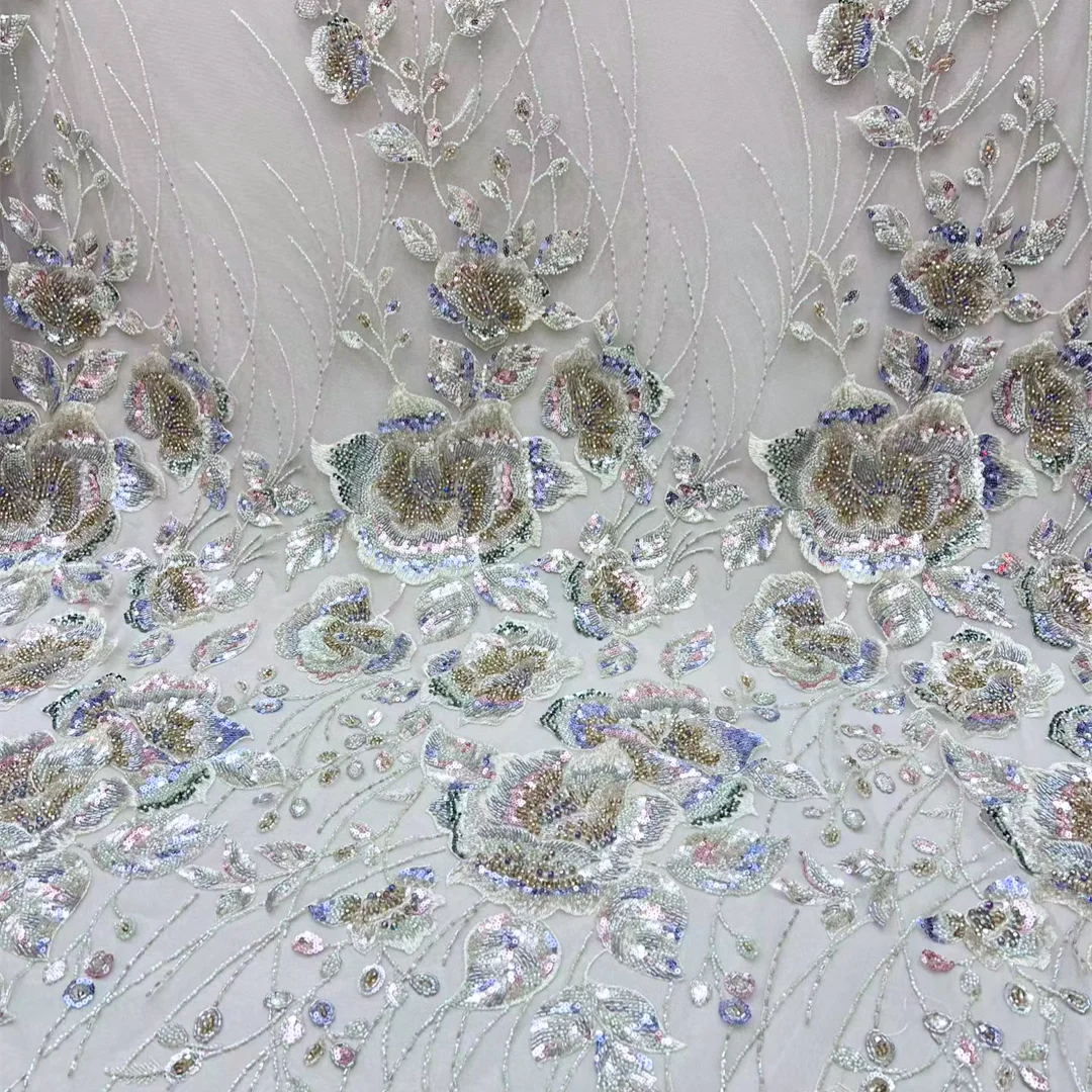 

High Quality African Lace Fabric Sequins Beaded Floral Embroidery Tissu Dentelle for Sewing Dress Material Mesh Lace Fabric