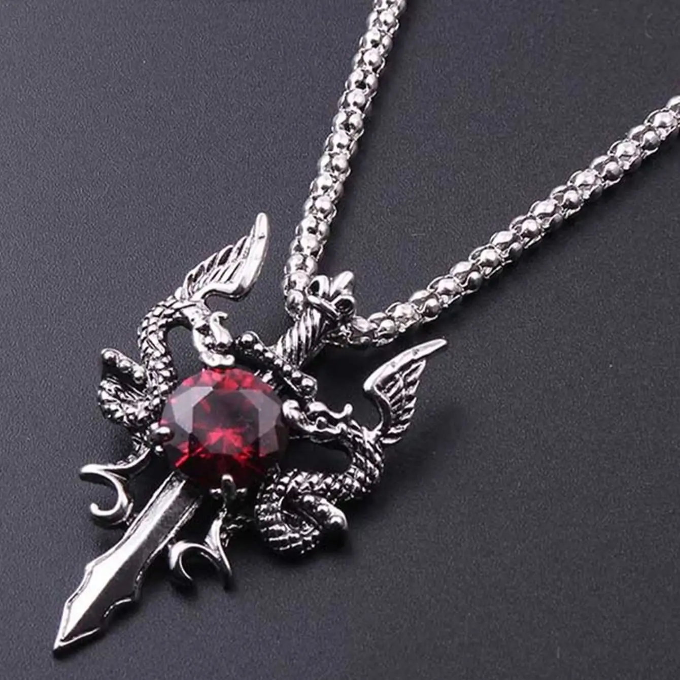 1 Gothic Style Women's Ancient Silver-color Evil Dragon Gem Pendant Necklace Personalized Fashion Street Sweater Chain Jewelry