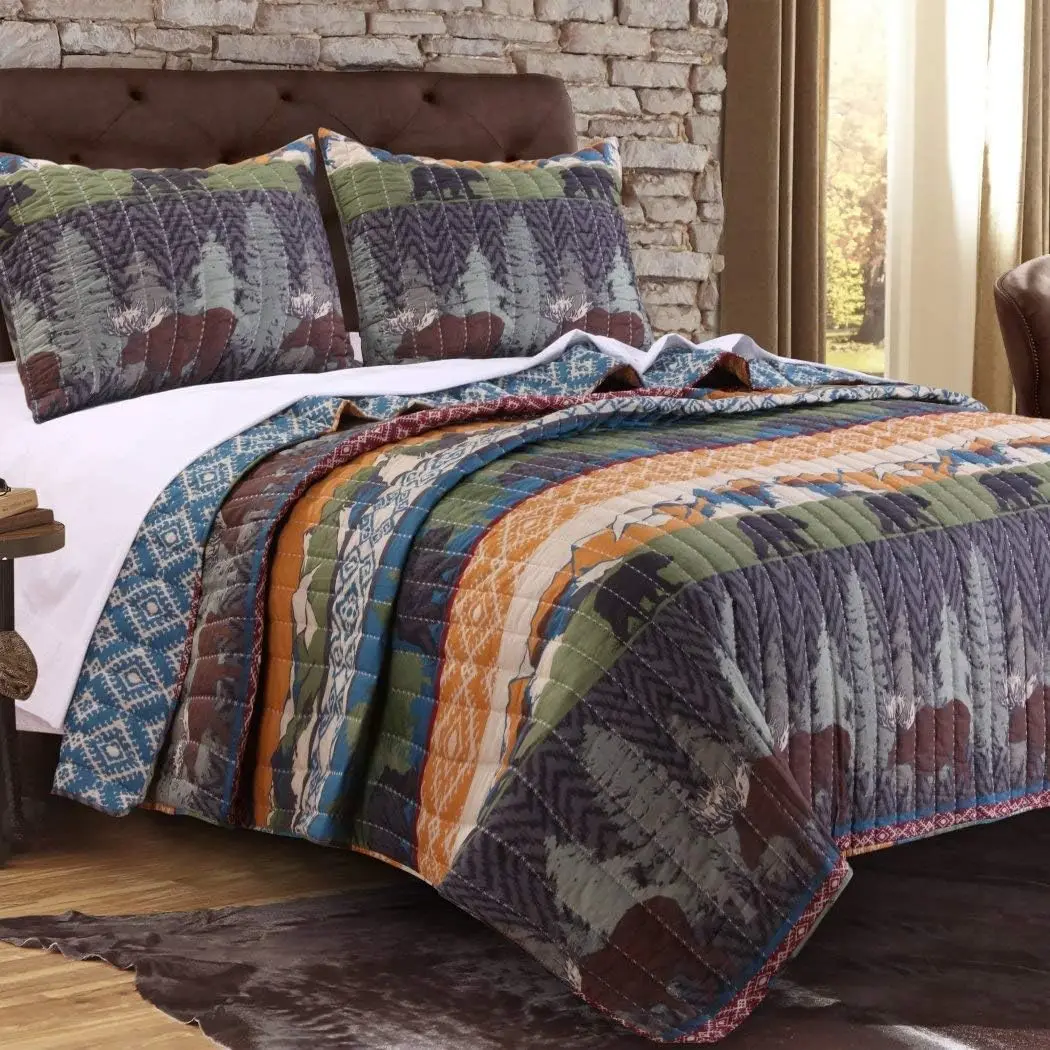 

Print Hunting Country Southwest Pine Trees Cabin Bedding Woods Horizontal Stripes Medallion Geometric Pattern, Cotton Polyester