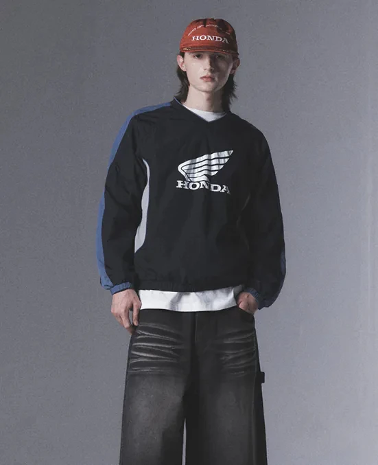 2026 Autumn New Style Retro Motorsport Long Sleeve Top Men Color Block Splicing V Neck Loose Fit Lightweight Casual Pullover
