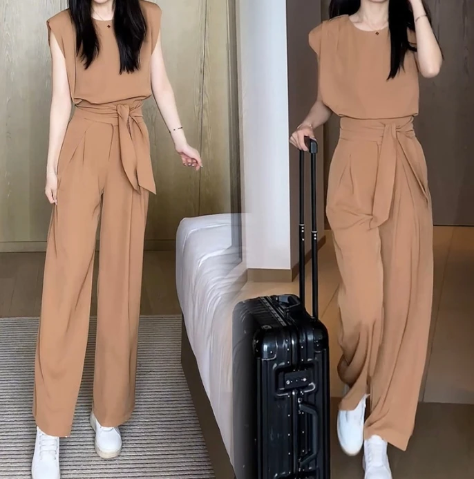 

Solid Color Elegant Wide Leg Pants Two-Piece Set, New Fashion Hot Selling Women's Round Neck Sleeveless Long Pants Set