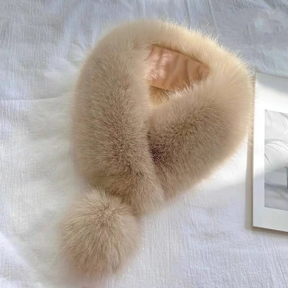 Luxury Velvet Texture Winter Scarf Solid Color Thickened Faux Fox Fur Collar Soft Warm Neck Warp Women