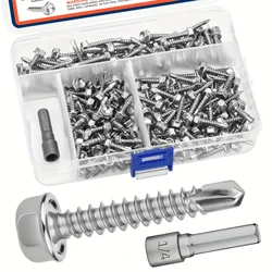 200PCS 4.2mm #8 Sheet Metal Screws 410 Stainless Steel Hex Washer Head Fast Self Tapping Screws with Hex Socket Assortment Kit