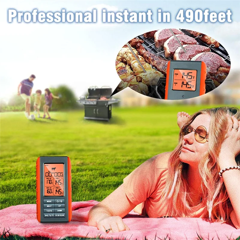 

BBQ Dual Probe Temperature Monitor HD HTN Digital Backlight Display Screen 490Ft Wireless Connection Orange For Outdoor BBQ-Y41A