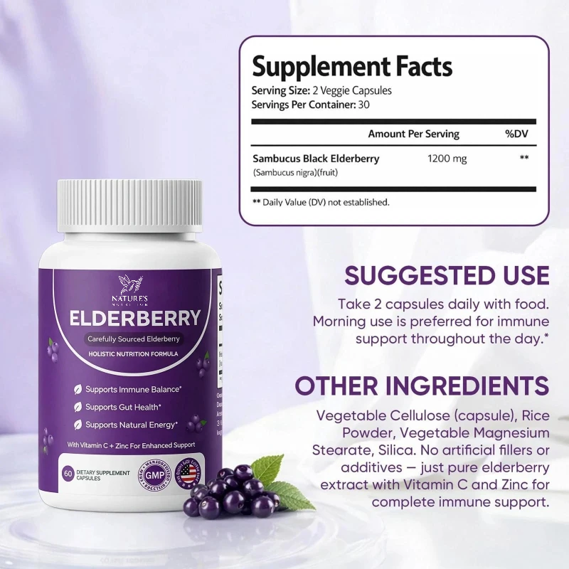 Elderberry Capsules Daily Balance Wellness Support Formula Immune Aid Vegetarian Dietary Supplement 60 Count for Adult Use