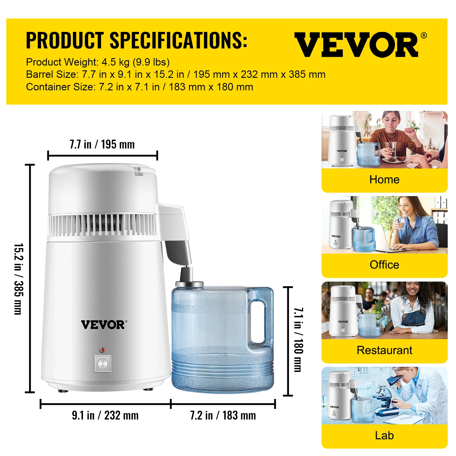 VEVOR-Destilador de agua de 4L, purificador, dispensador de filtro, calentador, botella para beber, suavizante, electrodoméstico inoxidable 304 para uso en oficina