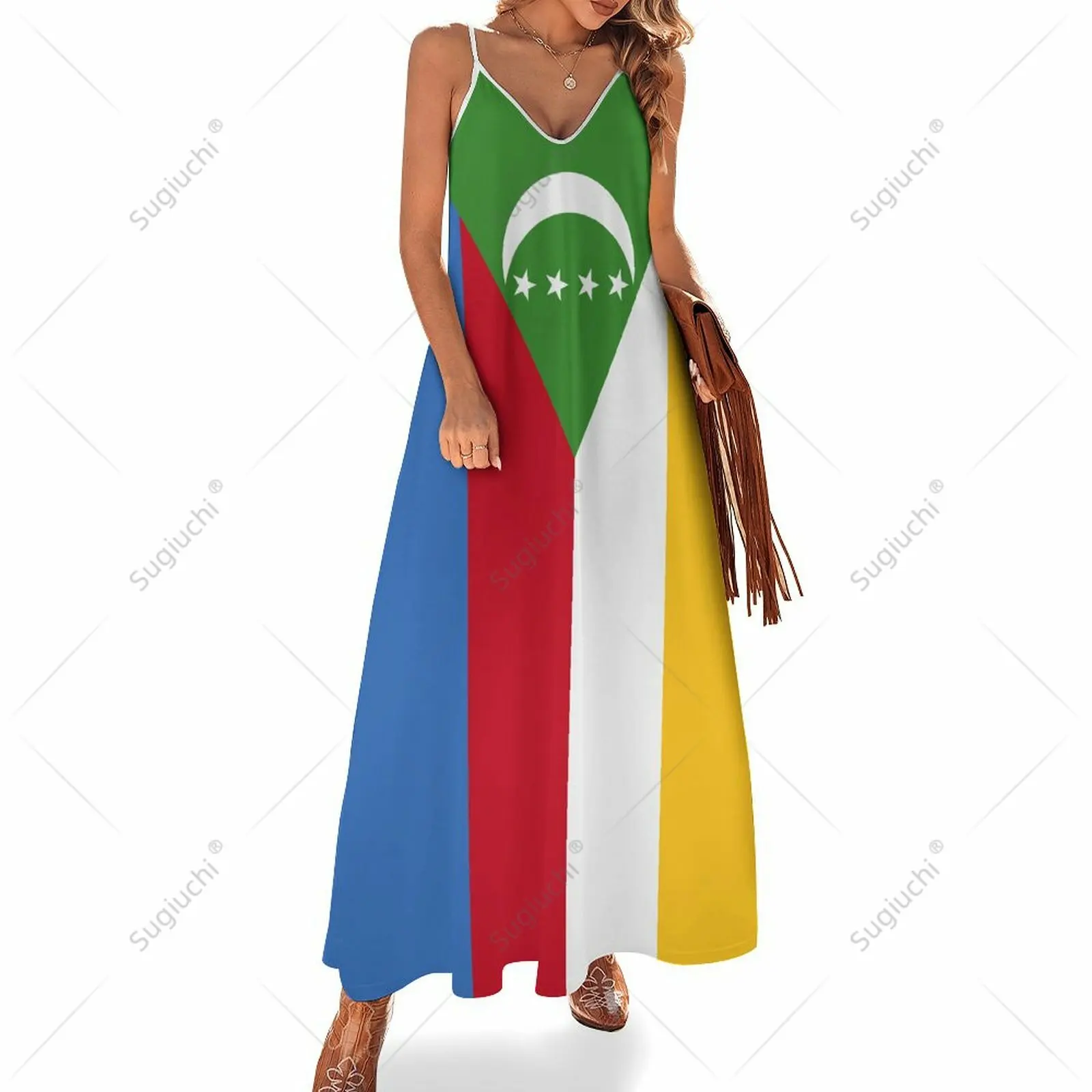 

Long Dresses Dress Comoros Flag Print New Casual Sleeveless Women's V-Neck Printed Dress Swing Retro Dresses