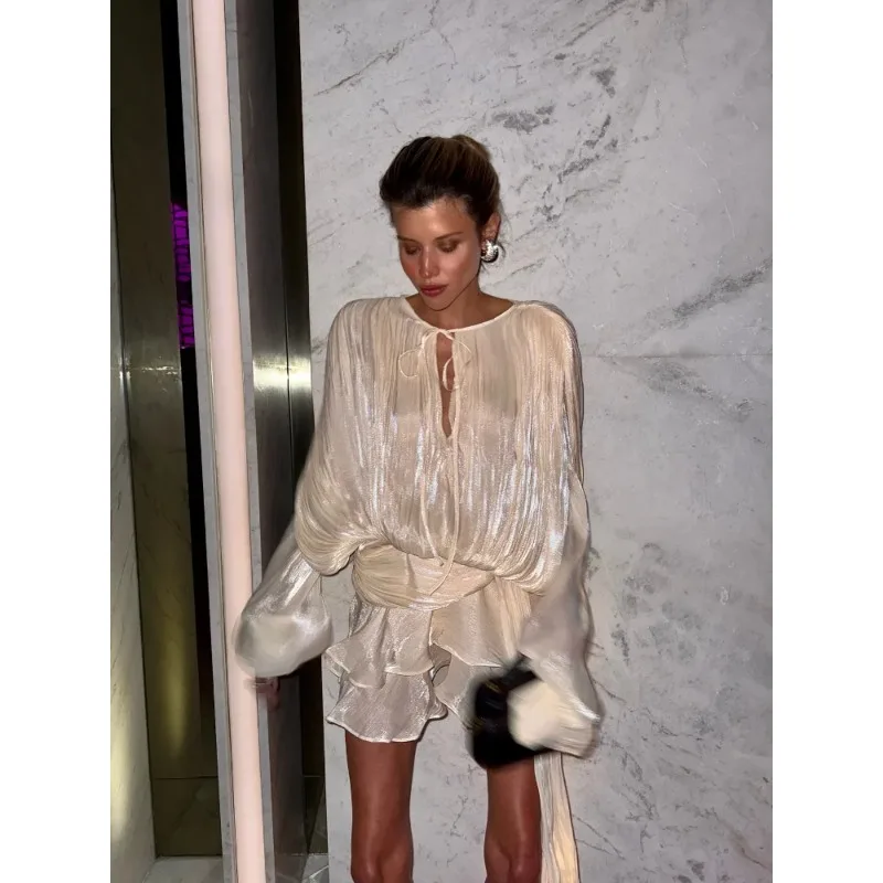 

Потрясающее блестящее мини-платье с рюшами и шнуровкой, женское, шикарное, свободного кроя, с вырезами, А-силуэт, плиссированное, летнее