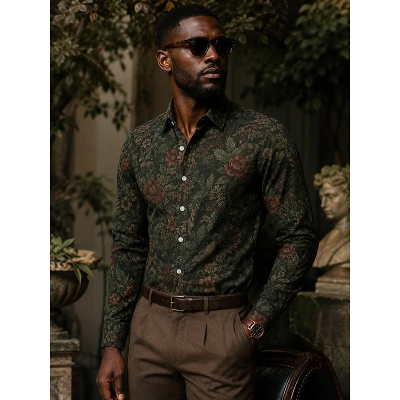 2026 New European And American Vintage Style Long-Sleeve Men'S Shirt With Floral Print, Trendy And Versatile Casual Menswear