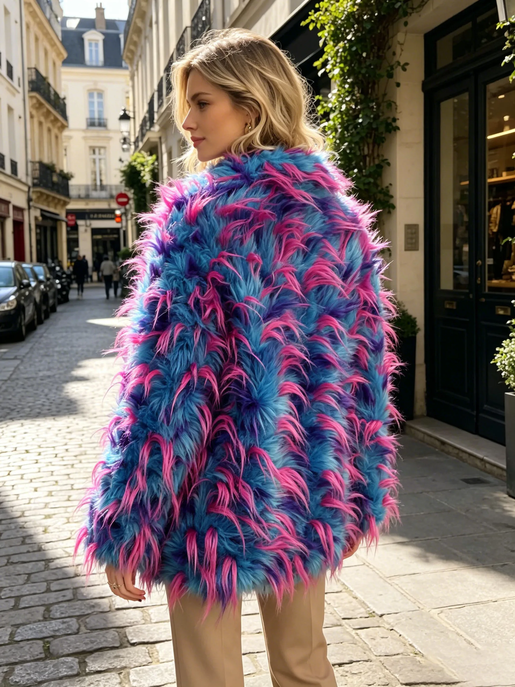Women's Purple Blue Gradient Faux Fur Coat 2026 Winter Mid-Length Fluffy Warm Luxury Jacket for Daily Party Streetwear