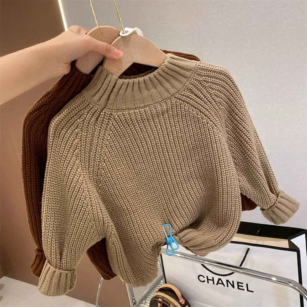 Children Sweater Winter Girls Solid Sweater Fashion Half High Neck Coarse Wool Knit Pullover Minimalist Children Clothing