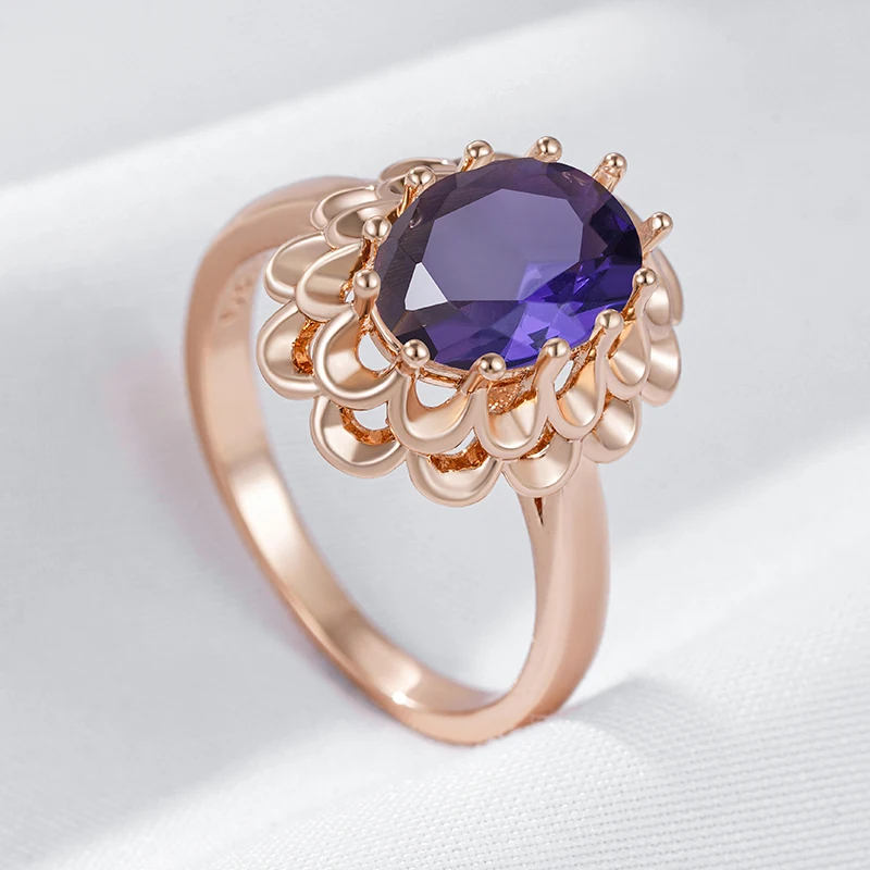 Kinel Hot Classic Big Oval Purple Natural Zircon Ring For Women Fashion 585 Rose Gold Color Crystal Flower Daily Vintage Jewelry image 5