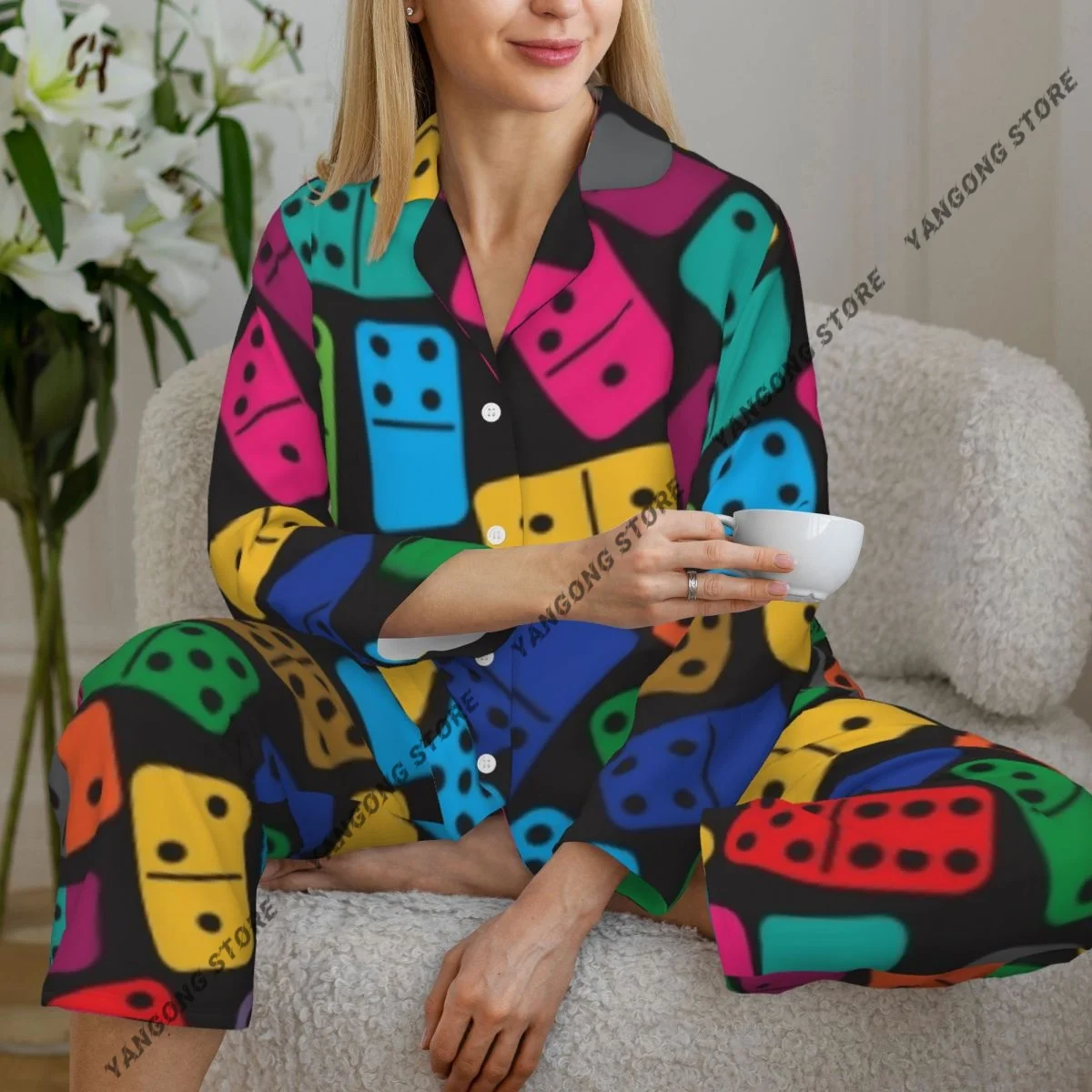 

Spring and Autumn Long Sleeve Pants Pajamas Loungewear Set Colorful Dominoes Women's Pull Edge Loose Sleeping Suit